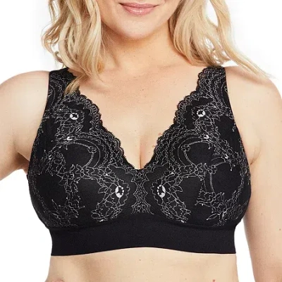 Glamorise Plus Size Full Figure Bramour Lexington Lace Plunge Wireless Bralette In Black