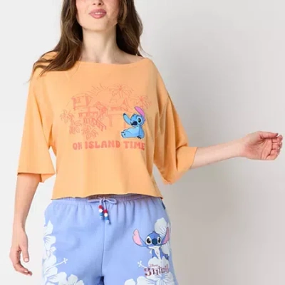 Mad Engine Womens Juniors Boat Neck Short Sleeve Oversized Lilo & Stitch Graphic T-shirt In Orange