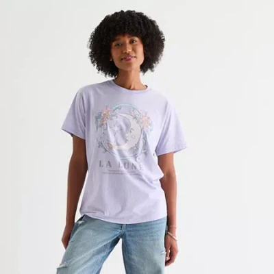 Mad Engine Cosmic Moon Boyfriend Womens Juniors Crew Neck Short Sleeve Loose Fit Graphic T-shirt In Purple