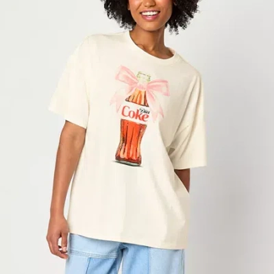 Hybrid Tees Diet Coke Bow Womens Juniors Crew Neck Short Sleeve Oversized Graphic T-shirt In Sand