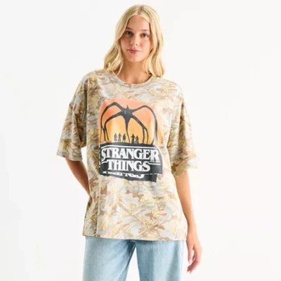 Mad Engine Stranger Things Tree Camo Crew Neck Short Sleeve Oversized Juniors Graphic T-shirt In Green