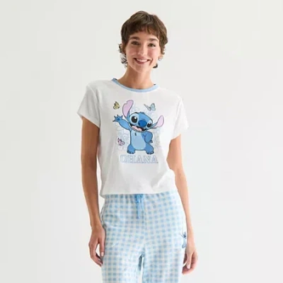 Hybrid Tees Stitch Pointelle Ringer Tee Womens Juniors Crew Neck Short Sleeve Fitted Lilo & Stitch Graphic T-shi In White