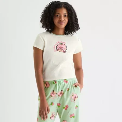 Hybrid Tees Strawberry Shortcake Pointelle Ringer Tee Womens Juniors Crew Neck Short Sleeve Fitted Graphic T-shi In Sand