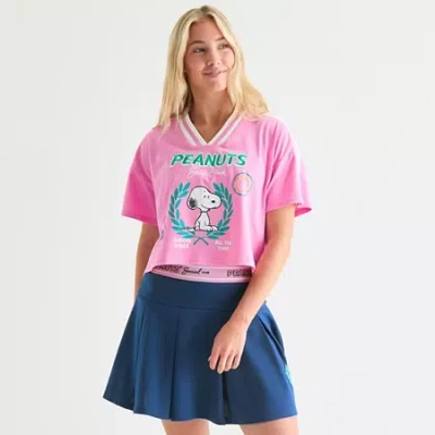 Hybrid Tees Peanuts 75th Social Club Cropped Tee Womens Juniors V Neck Short Sleeve Loose Fit Peanuts Snoopy Gra In Pink