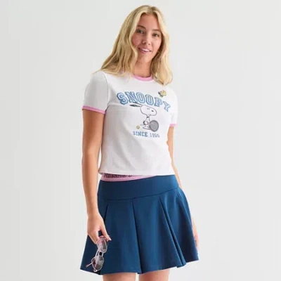 Hybrid Tees Peanuts 75th Social Club Ringer Womens Juniors Crew Neck Short Sleeve Fitted Peanuts Snoopy Graphic  In White