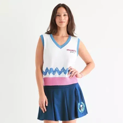 Hybrid Tees 75th Social Club Sweater Womens Juniors V Neck Sleeveless Embroidered Peanuts Snoopy Vest In White