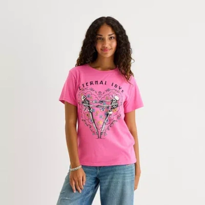 Jerry Leigh Loteria Eternal Love Skeletons Boyfriend Tee Womens Juniors Crew Neck Short Sleeve Modern Fit Graphi In Pink