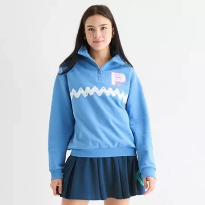 Hybrid Tees 75th Social Club Womens Juniors Long Sleeve Peanuts Snoopy Quarter-zip Pullover In Blue