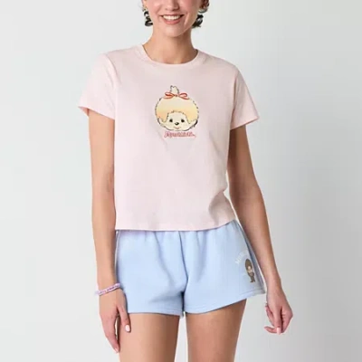 New World Monchichi Bow Semifit Womens Juniors Crew Neck Short Sleeve Graphic T-shirt In Pink