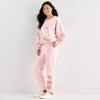Grayson Threads, The Label Womens Juniors Drawstring Waist Cuffed Mid Rise Hello Kitty Fleece Sweatpant In Pink