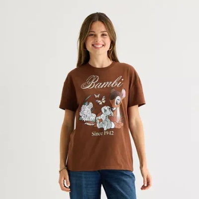 Hybrid Tees Bambi And Thumber Boyfried Tee Womens Juniors Crew Neck Short Sleeve Regular Fit Bambi Graphic T-shi In Brown