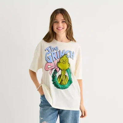 Hybrid Tees Womens Juniors Crew Neck Short Sleeve Oversized Grinch Graphic T-shirt In Nude
