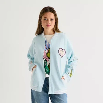 Hybrid Tees Womens Juniors Grinch Fleece Midweight Bomber Jacket In Blue