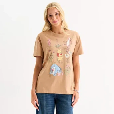 Hybrid Tees Botanical Boyfriend Womens Juniors Crew Neck Short Sleeve Regular Fit Winnie The Pooh Graphic T-shir In Brown