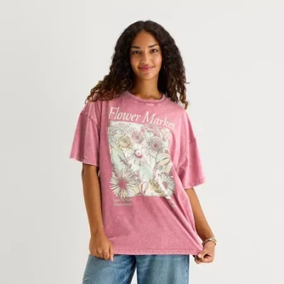 Hybrid Tees Sunflower Market Womens Juniors Crew Neck Short Sleeve Oversized Graphic T-shirt In Pink