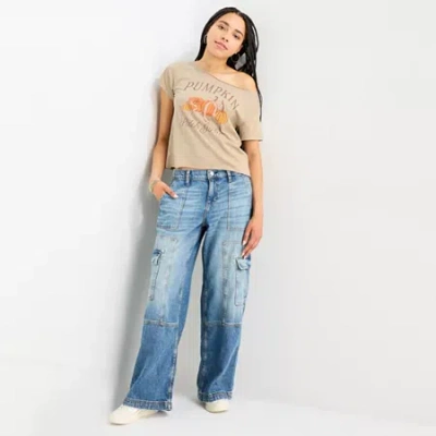 Hybrid Tees Pumpkin Patch Girlie Off The Shoulder Womens Juniors Round Neck Short Sleeve Fitted Graphic T-shirt In Brown