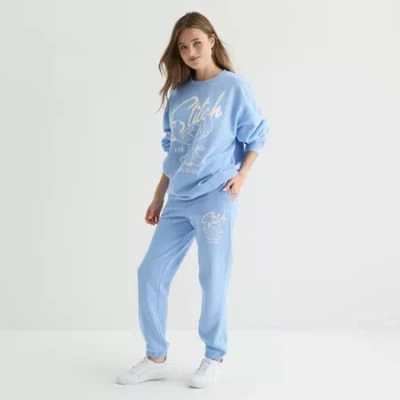 Mad Engine Stitch Womens Juniors Crew Neck Long Sleeve Embroidered Lilo & Stitch Sweatshirt In Blue