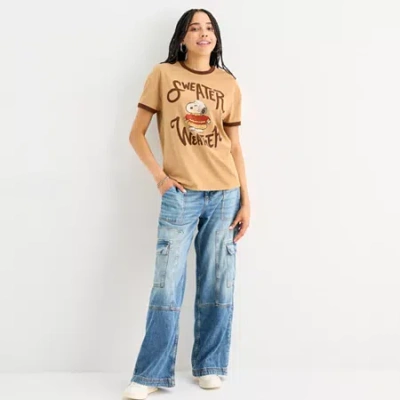 Hybrid Tees Womens Juniors Crew Neck Short Sleeve Regular Fit Peanuts Snoopy Graphic T-shirt In Brown