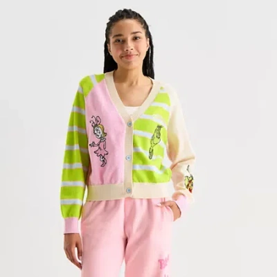 Hybrid Tees Womens Long Sleeve Button Grinch Juniors Striped Cardigan In Pink