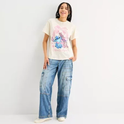 Mad Engine Disney Womens Crew Neck Short Sleeve Boyfriend Fit Lilo & Stitch Juniors Graphic T-shirt In Neutral