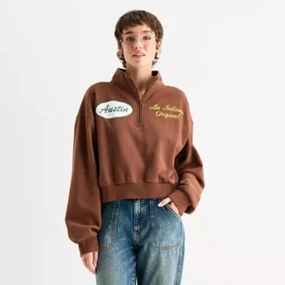 Mad Engine Womens Juniors High Neck Long Sleeve Stranger Things Quarter-zip Pullover In Brown
