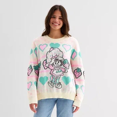 Mad Engine Juniors Strawberry Shortake Womens Crew Neck Long Sleeve Pullover Sweater In Sand