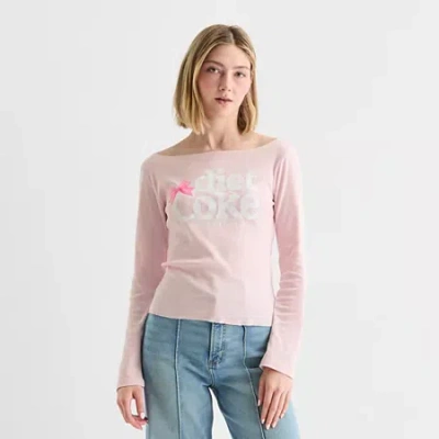 Mad Engine Diet Coke Womens Juniors Boat Neck Long Sleeve Regular Fit Graphic T-shirt In Pink
