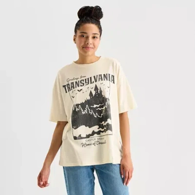 New World Greetings From Transylvania Oversized Tee Womens Crew Neck Short Sleeve Juniors Graphic T-shirt In White