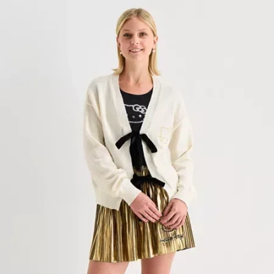 Hybrid Tees Girls Night Out Womens V Neck Long Sleeve Embellished Tie Hello Kitty Juniors Cardigan In Sand