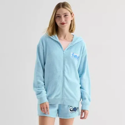 Hybrid Tees Womens Long Sleeve Embroidered Lilo & Stitch Fleece Zipper Hoodie In Blue