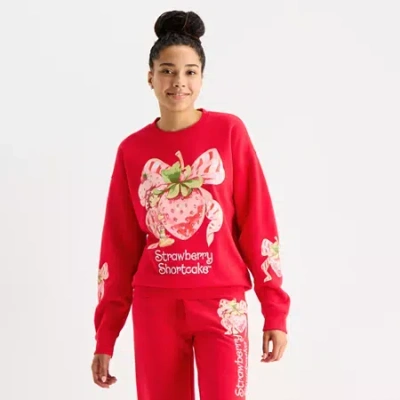 New World Strawberry Shortcake Womens Juniors Crew Neck Long Sleeve Sweatshirt In Red