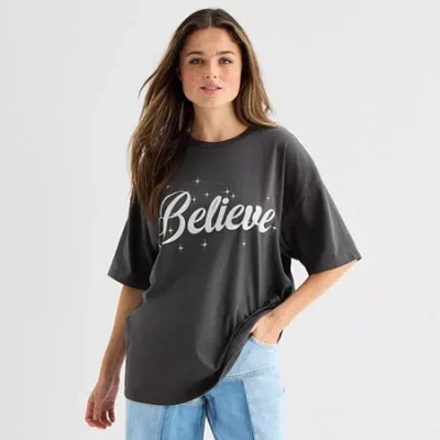 Mad Engine Believe Oversized Tee Womens Juniors Crew Neck Short Sleeve Oversized Graphic T-shirt In Black