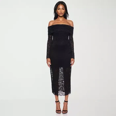 Premier Amour Off The Shoulder Womens Long Sleeve Midi Sheath Dress In Black