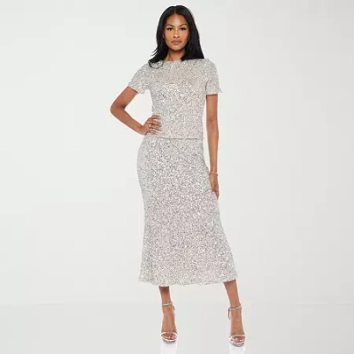 Premier Amour Womens Mid Rise Stretch Fabric Sequin Maxi Skirt In Silver