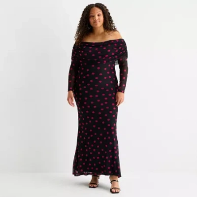 Premier Amour Womens Plus Off The Shoulder Long Sleeve Polka Dot Maxi Dress In Black