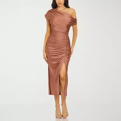 Premier Amour One Shoulder Womens Short Sleeve Midi Sheath Dress In Pink