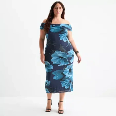 Premier Amour Off The Shoulder Womens Plus Short Sleeve Midi Floral Sheath Dress In Blue