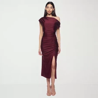 Premier Amour One Shoulder Womens Short Sleeve Midi Sheath Dress In Red