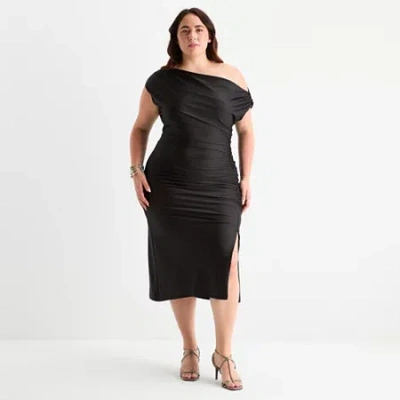 Premier Amour One Shoulder Womens Plus Short Sleeve Midi Sheath Dress In Black