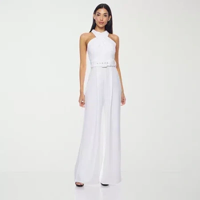 Premier Amour Belted Womens Halter Neck Sleeveless Belted Jumpsuit In White