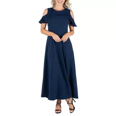 24seven Comfort Apparel 24/7 Comfort Apparel Womens Ruffle Cold Shoulder A Line Maxi Dress In Blue