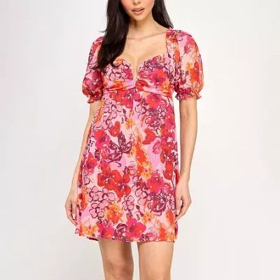 City Triangle Womens Short Sleeve Juniors Floral Babydoll Dress In Pink