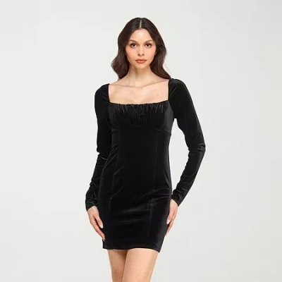 City Triangle Womens Juniors Long Sleeve Velvet Bodycon Dress In Black