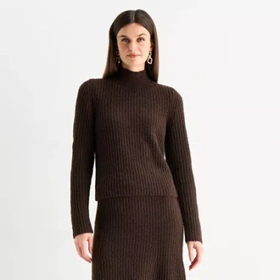 Worthington Womens Mock Neck Long Sleeve Pullover Sweater In Brown