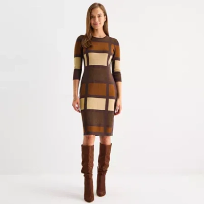 Danny & Nicole Womens 3/4 Sleeve Windowpane Sweater Dress In Brown