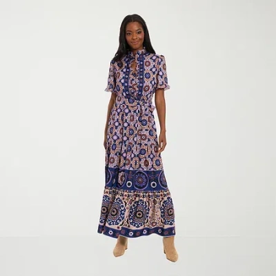 London Style Womens Short Sleeve Abstract Maxi Dress In Blue