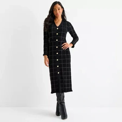 52seven Womens Long Sleeve Plaid Midi Sweater Dress In Black