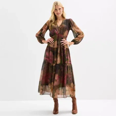 Isabel & Nina Womens Long Sleeve Floral Maxi Dress In Brown