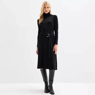 Maia Womens Long Sleeve Belted Midi Sweater Dress In Black