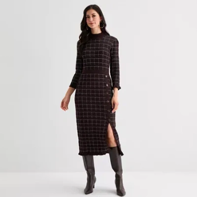 52seven Womens 3/4 Sleeve Windowpane Midi Sweater Dress In Brown
